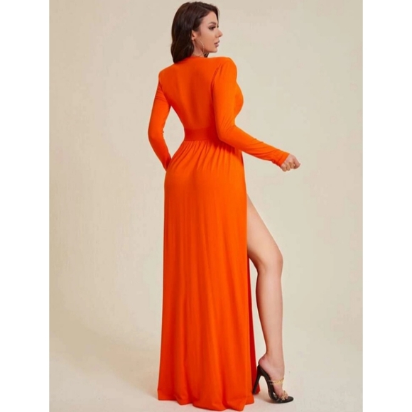 SHEIN Sexy Plunging Neck High Split Dress - Orange - Picture 2 of 16